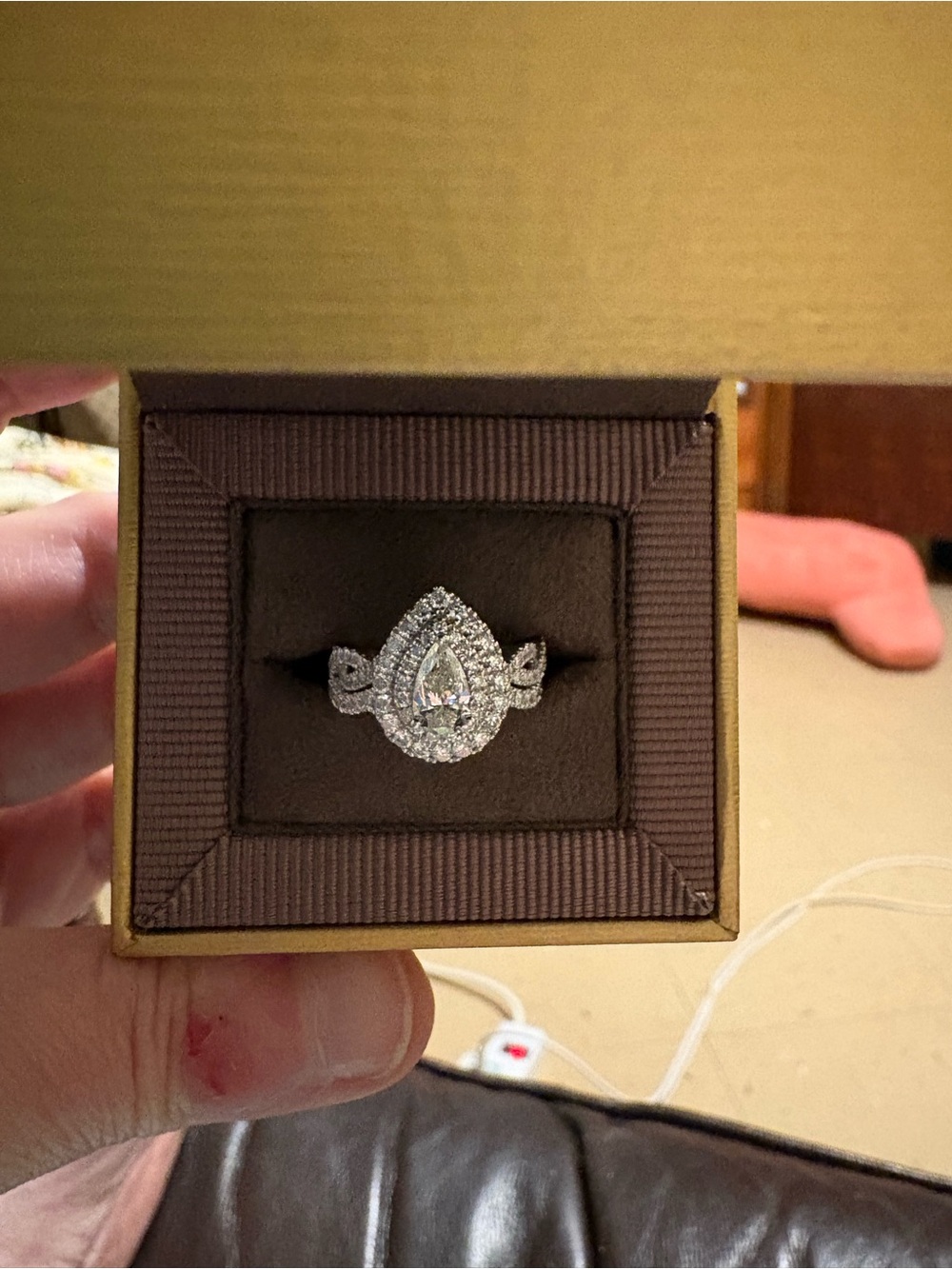 Pear-Shaped Halo Ring in 14K white gold with Pavé Contour Band 1 1/2 ct total